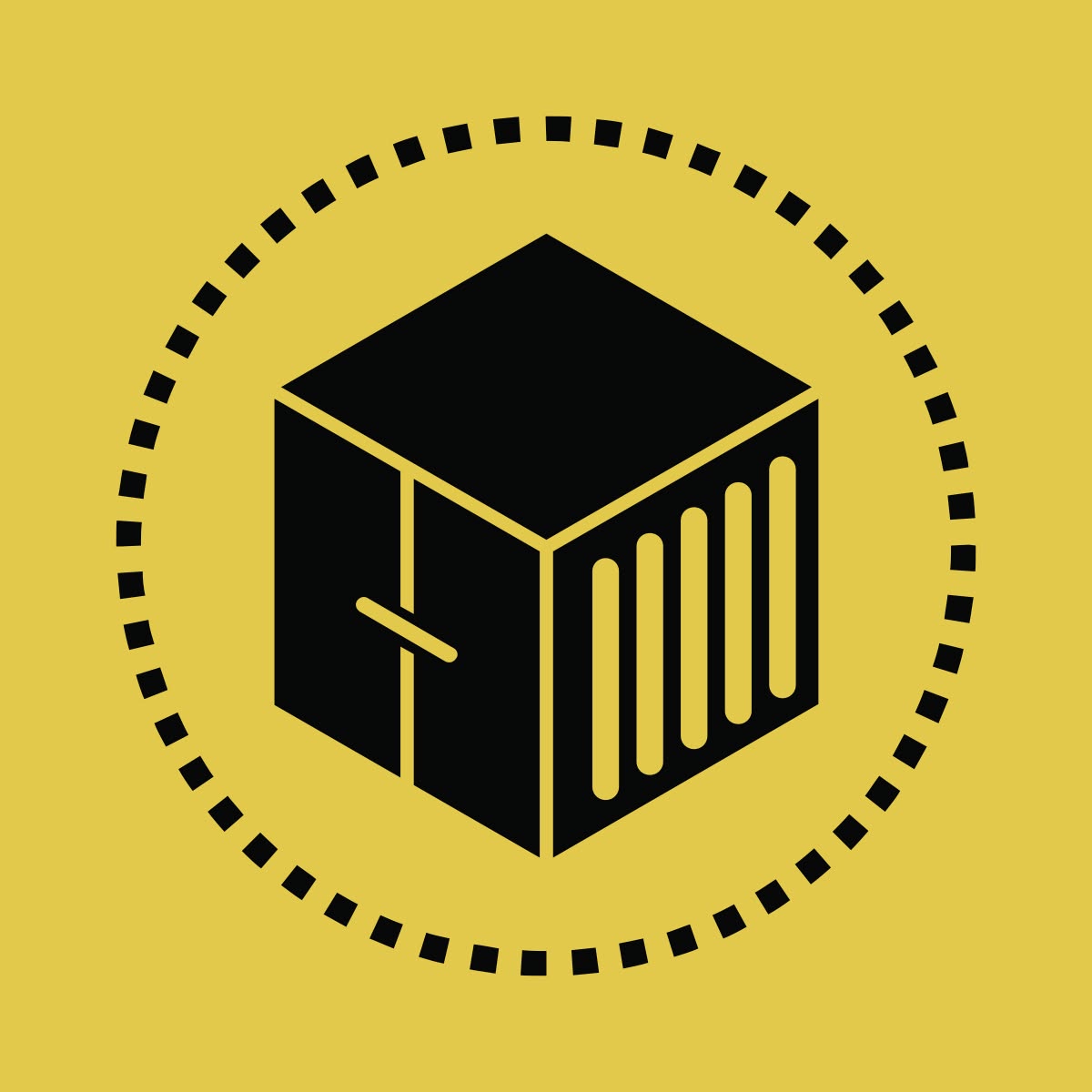 Icono negro de un contenedor de carga dentro de un círculo punteado sobre fondo amarillo.
