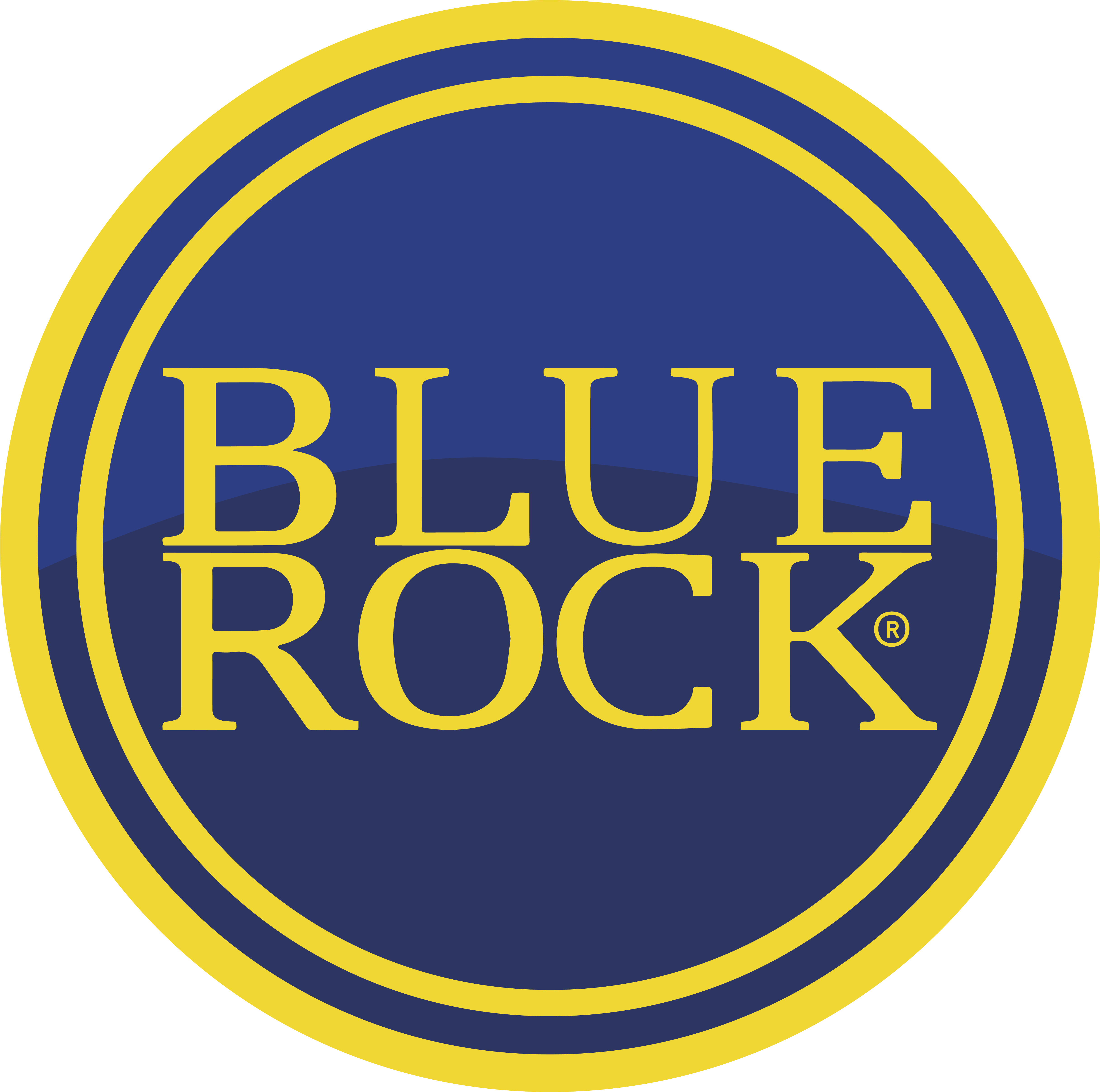 Logotipo de Blue Rock con letras amarillas en un círculo azul con borde amarillo.