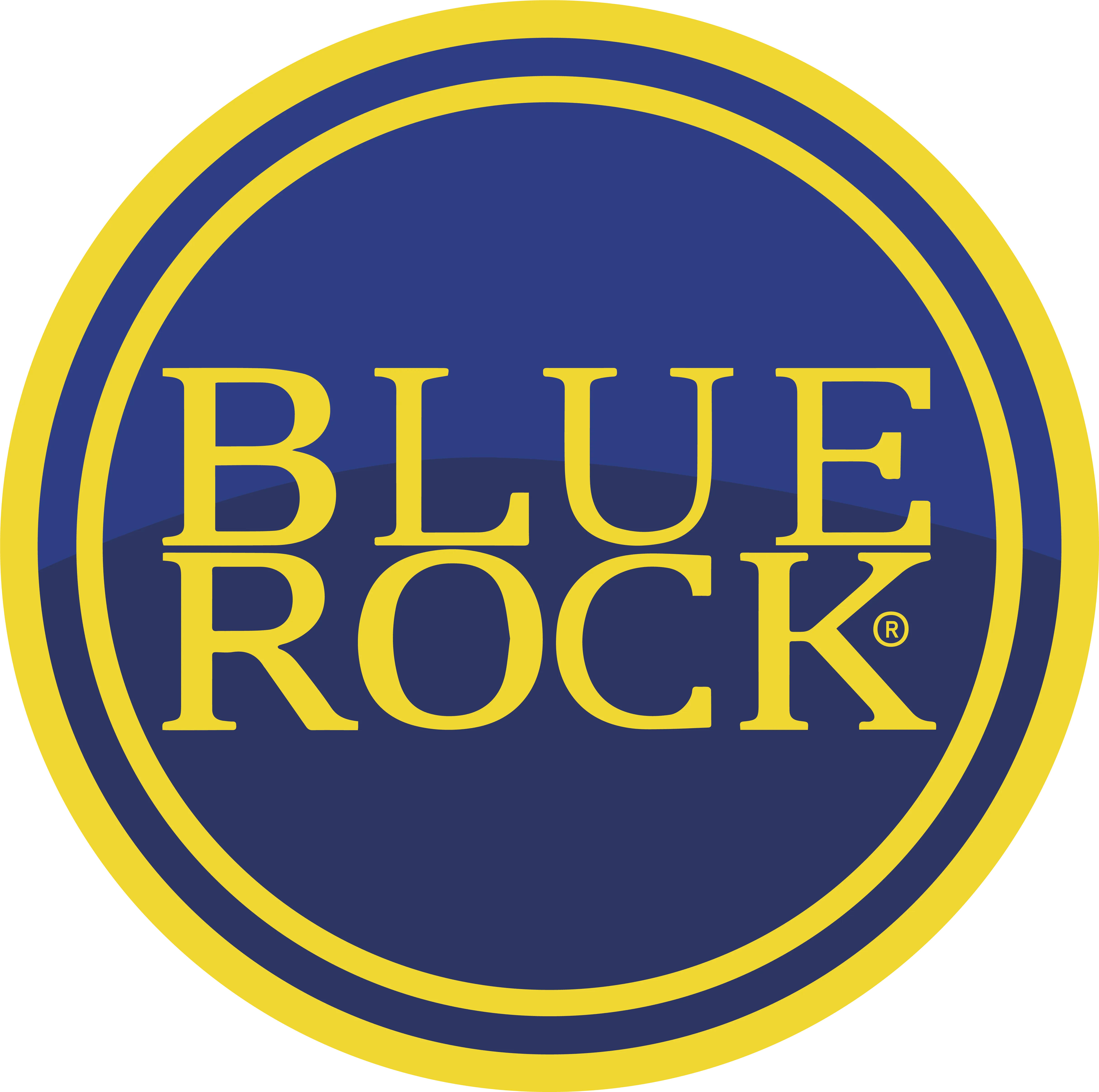 Logotipo de Blue Rock con letras amarillas en un círculo azul con borde amarillo.