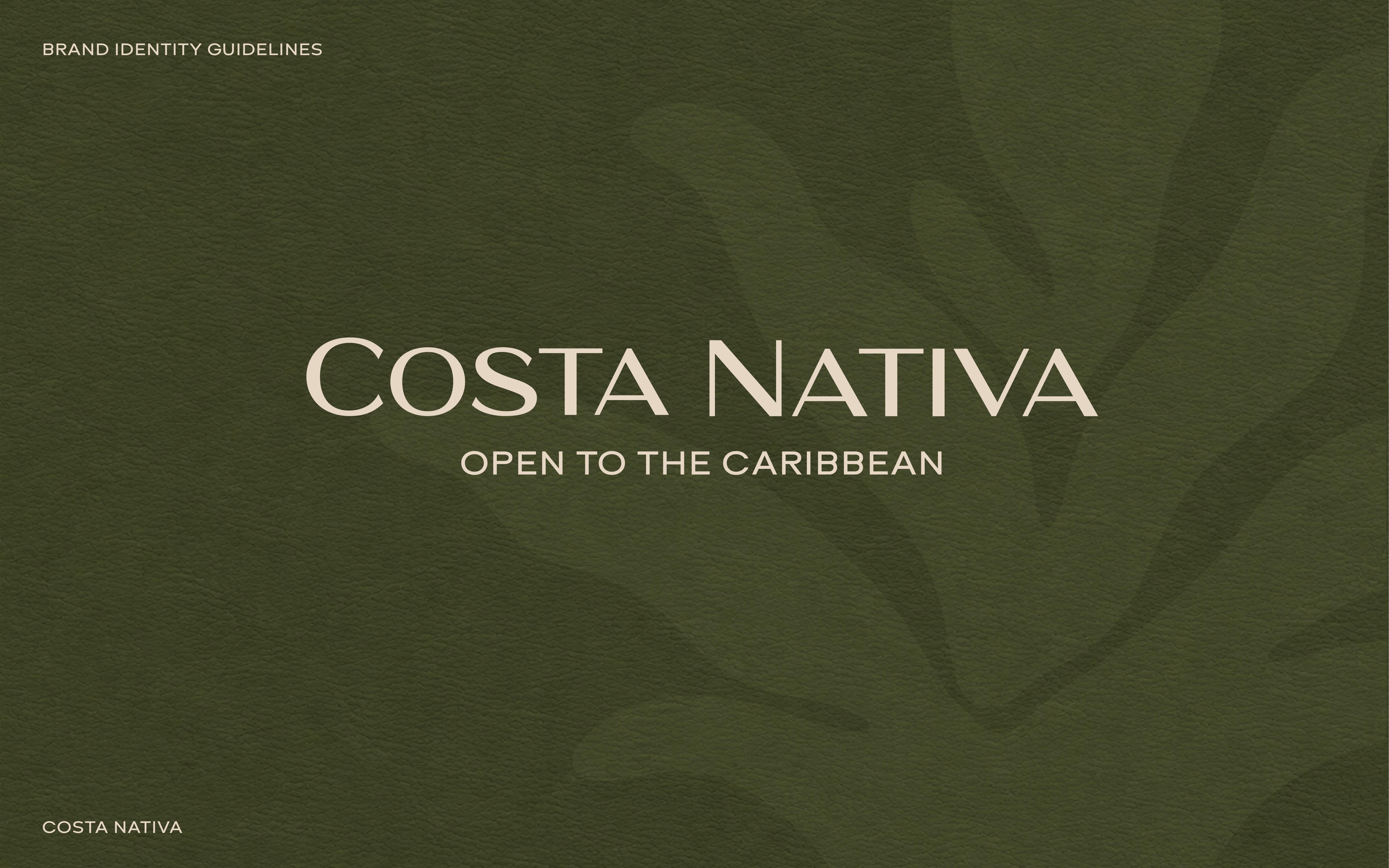 Texto 'Costa Nativa open to the Caribbean' sobre fondo verde con textura y sombra de hojas.