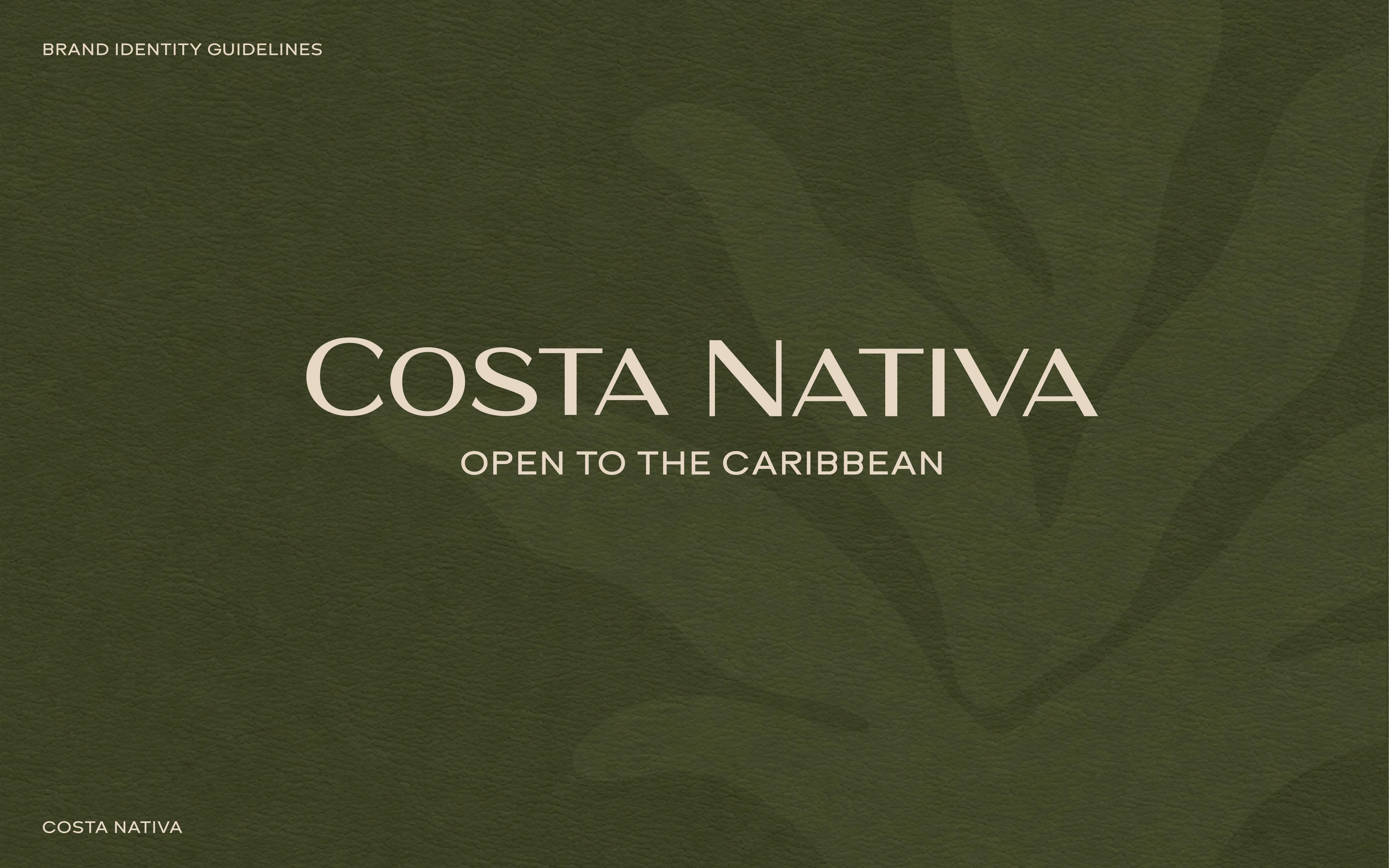 Texto 'Costa Nativa open to the Caribbean' sobre fondo verde con textura y sombra de hojas.