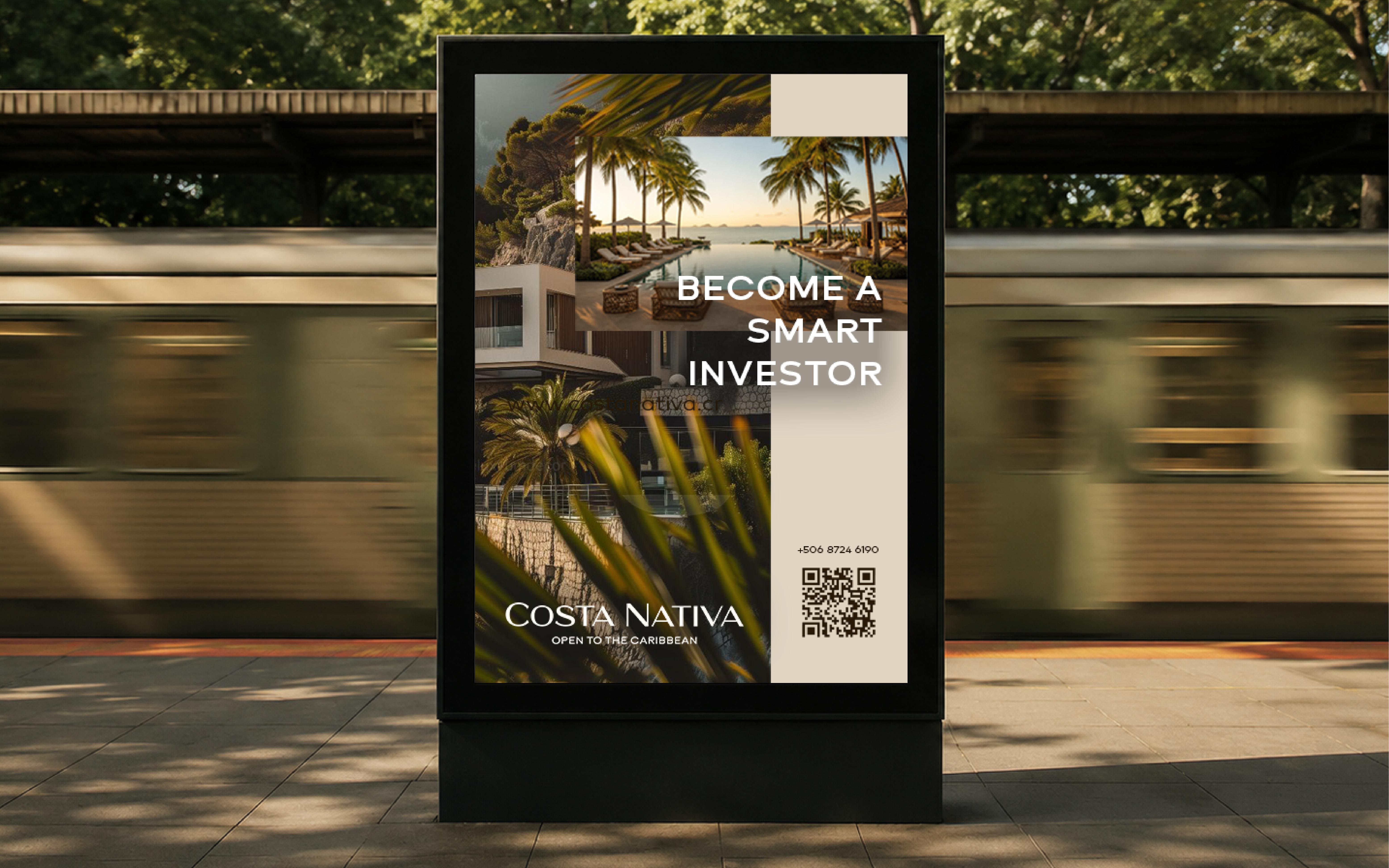 Cartel publicitario de Costa Nativa mostrando zona de piscina y residencia con texto para invertir.