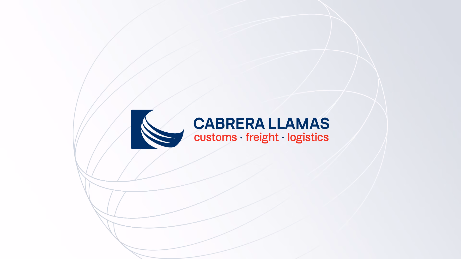 Logotipo de Cabrera Llamas con texto de aduanas, carga y logística sobre un fondo con líneas curvas.