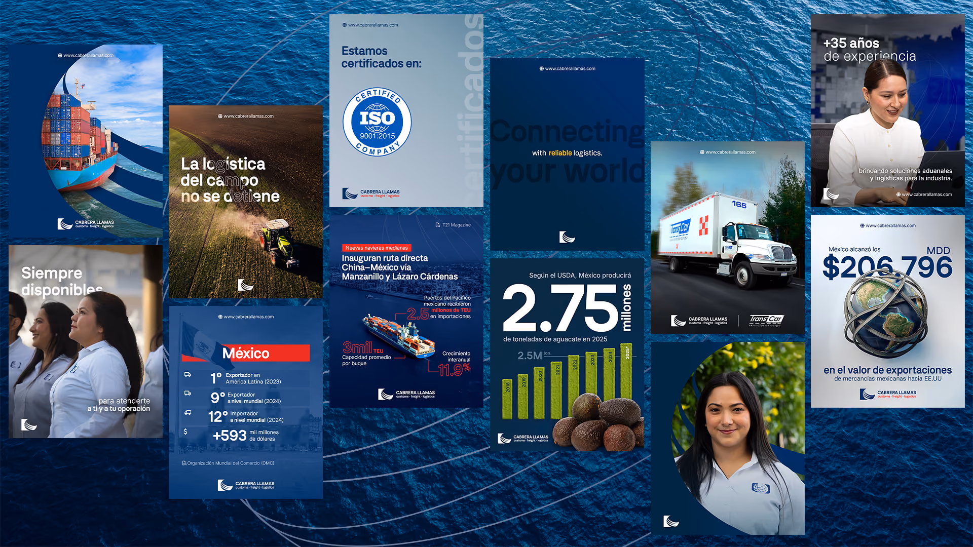 Collage shows logistics, transport, certifications, exports, and staff of Cabrera Llamas company.