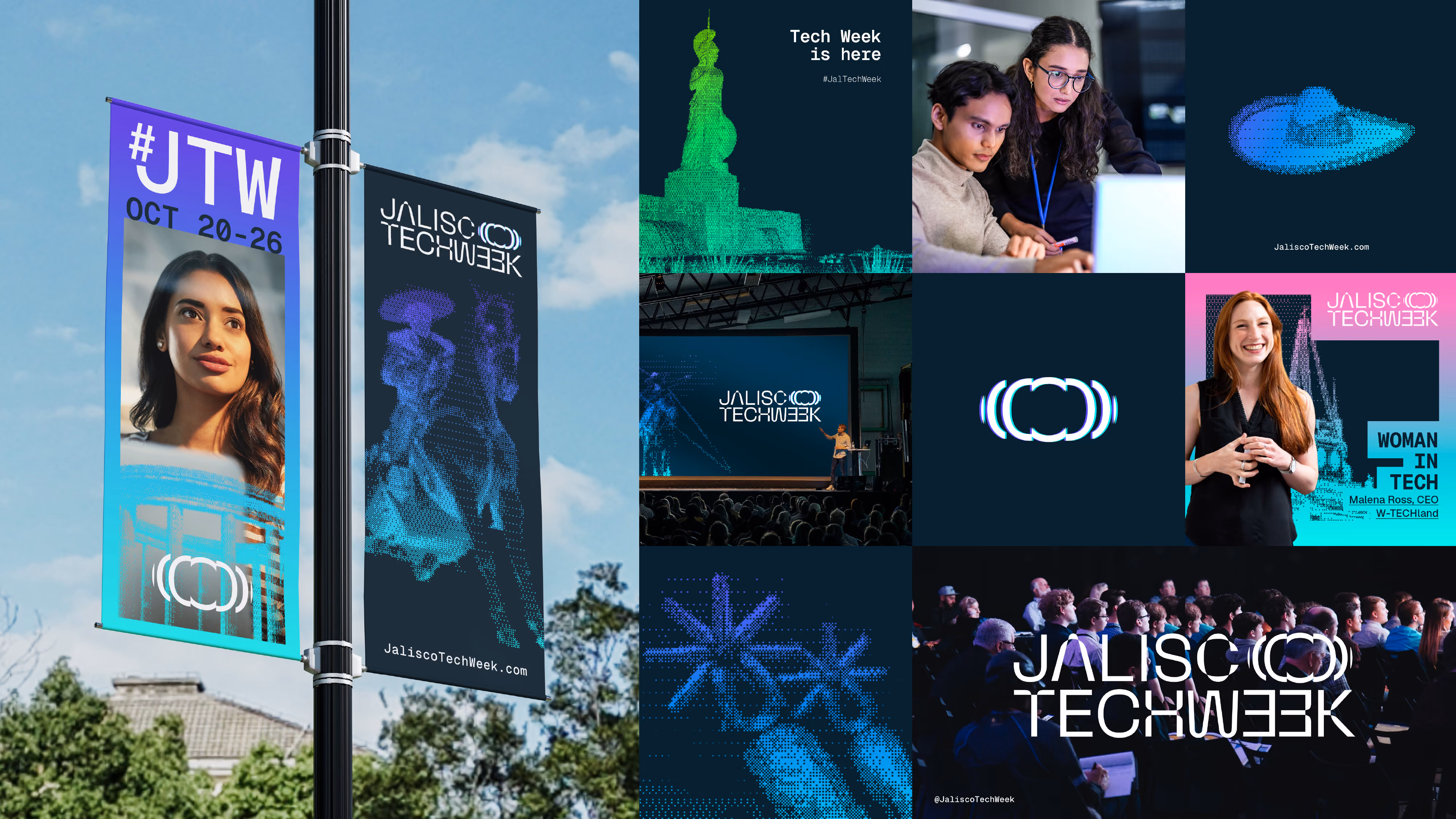 Collage of Jalisco Tech Week: event banners, speakers, digital art, audience, and tech teamwork scenes.