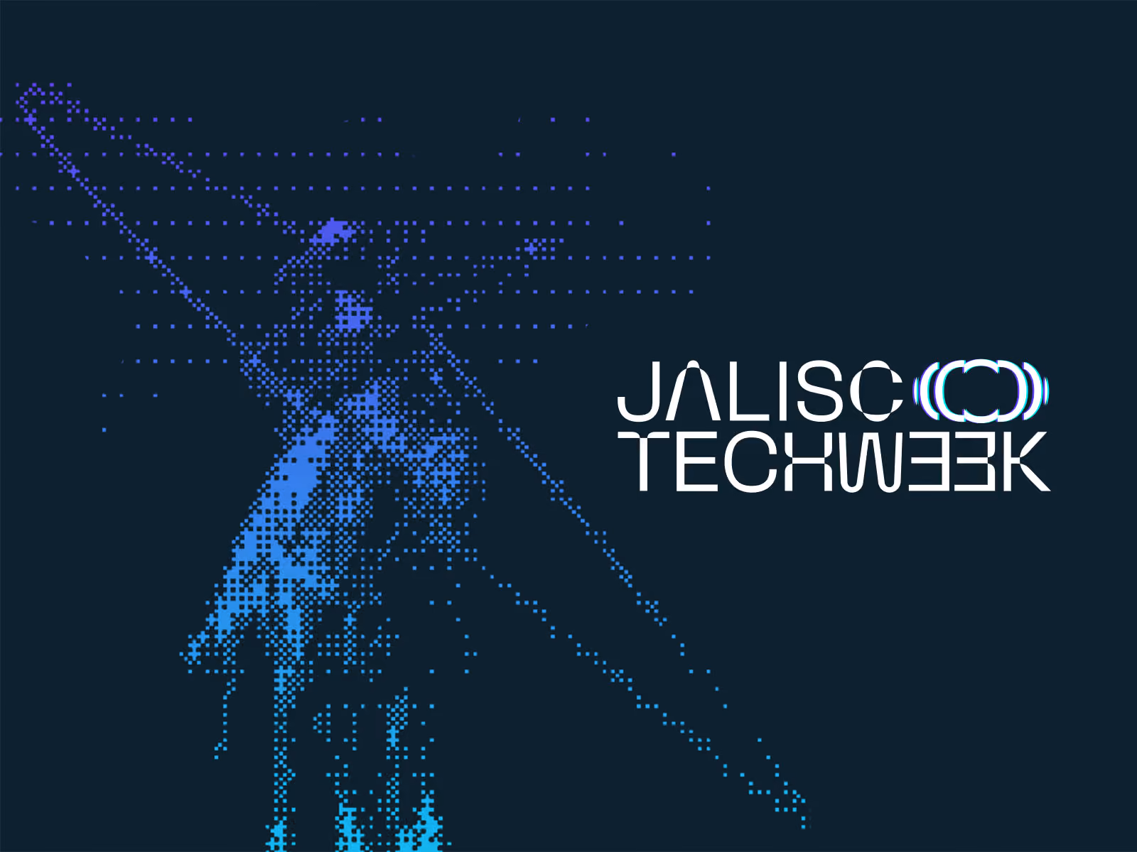 Imagen pixelada en azul de la estatua del Ángel de la Independencia junto al texto Jalisco Techweek.