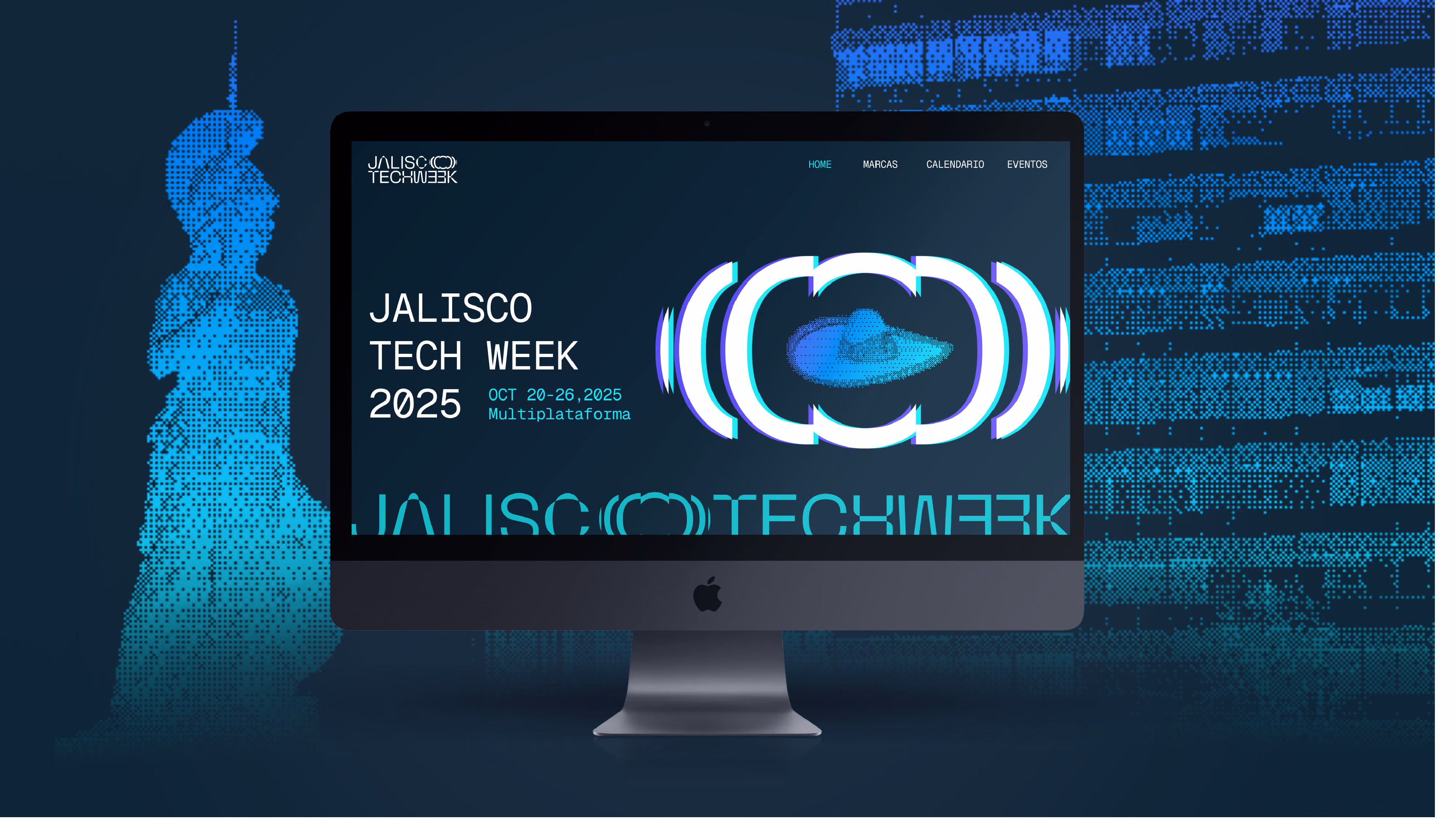 Pantalla de iMac con anuncio de Jalisco Tech Week 2025 del 20 al 26 de octubre en fondo azul pixelado.