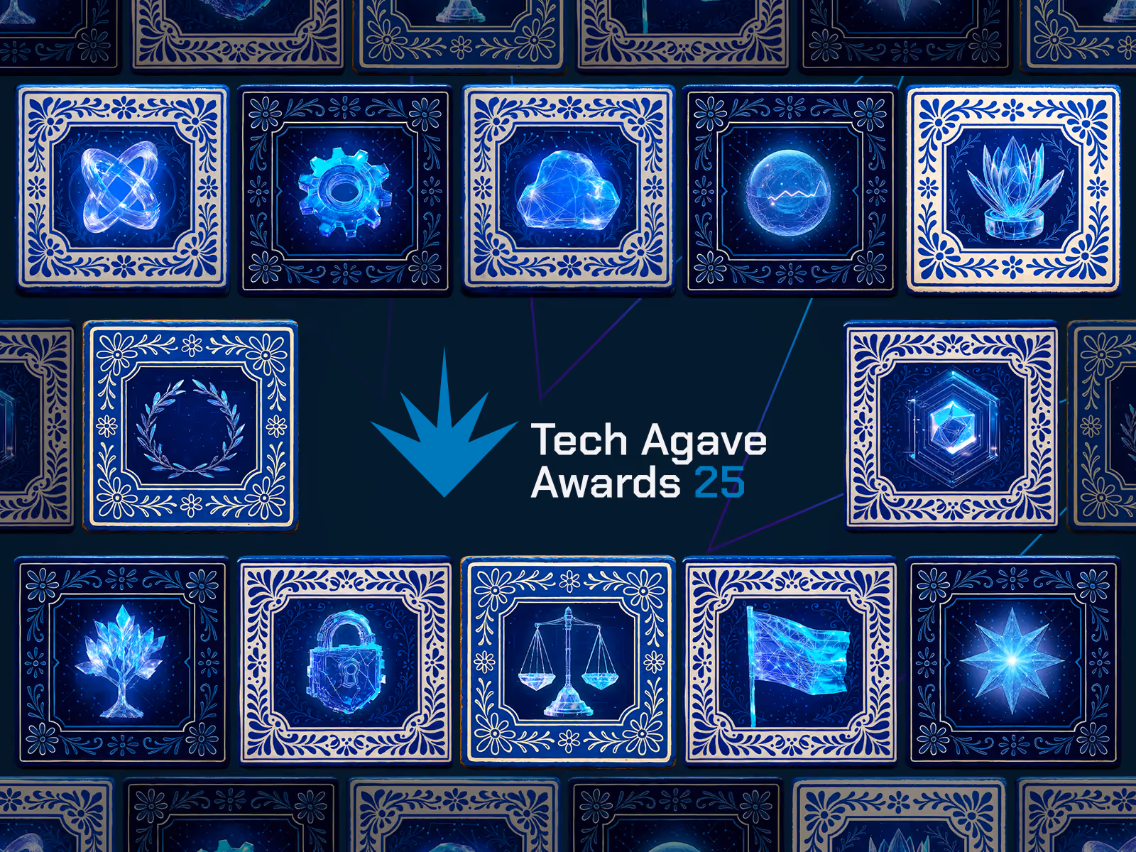 Mosaico de azulejos con iconos tecnológicos azules y texto Tech Agave Awards 25.