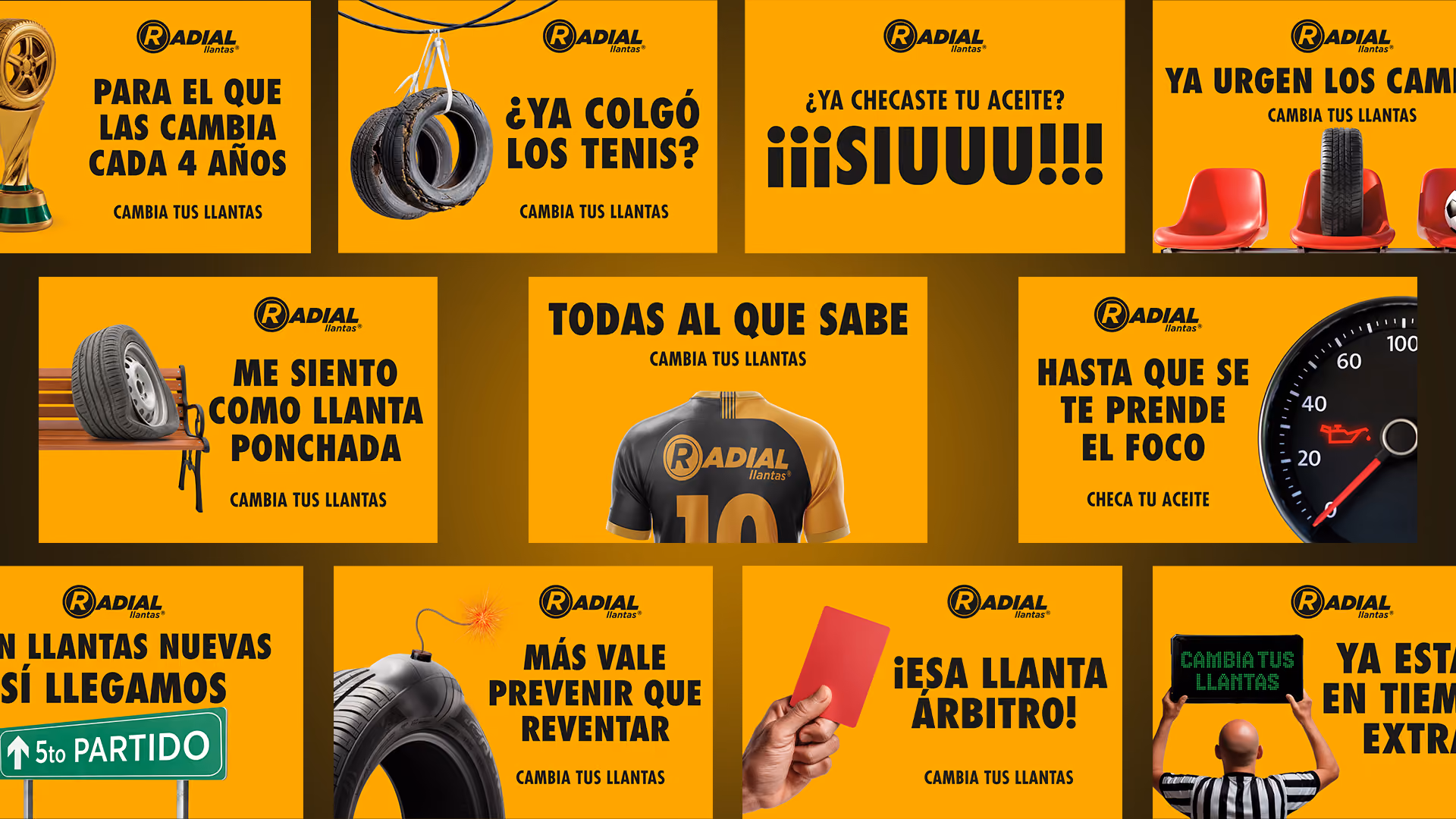 Collage de anuncios que animan a cambiar tus llantas con imágenes y frases relacionadas al fútbol y autos.