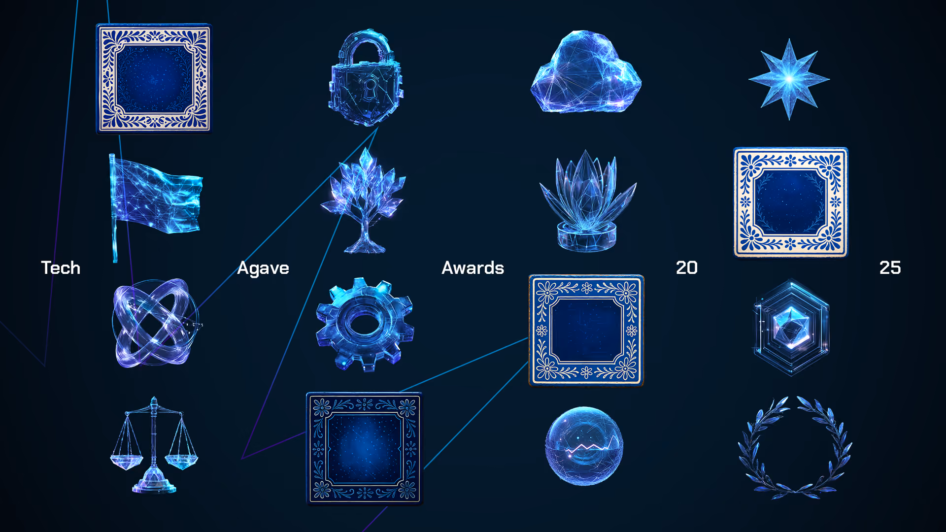 Íconos digitales azules representando tecnología, agave y premios en un fondo oscuro.