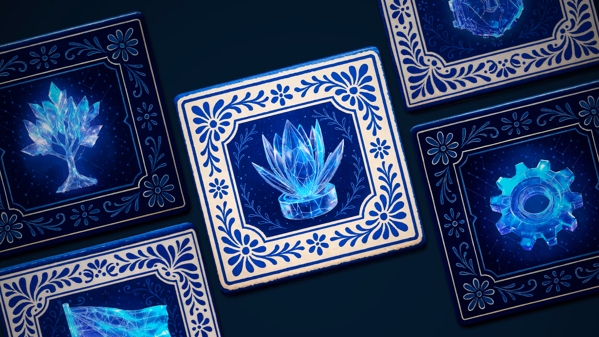 Cuatro tarjetas decoradas con bordes azules y creaciones holográficas de cristal, como árbol y engranaje.