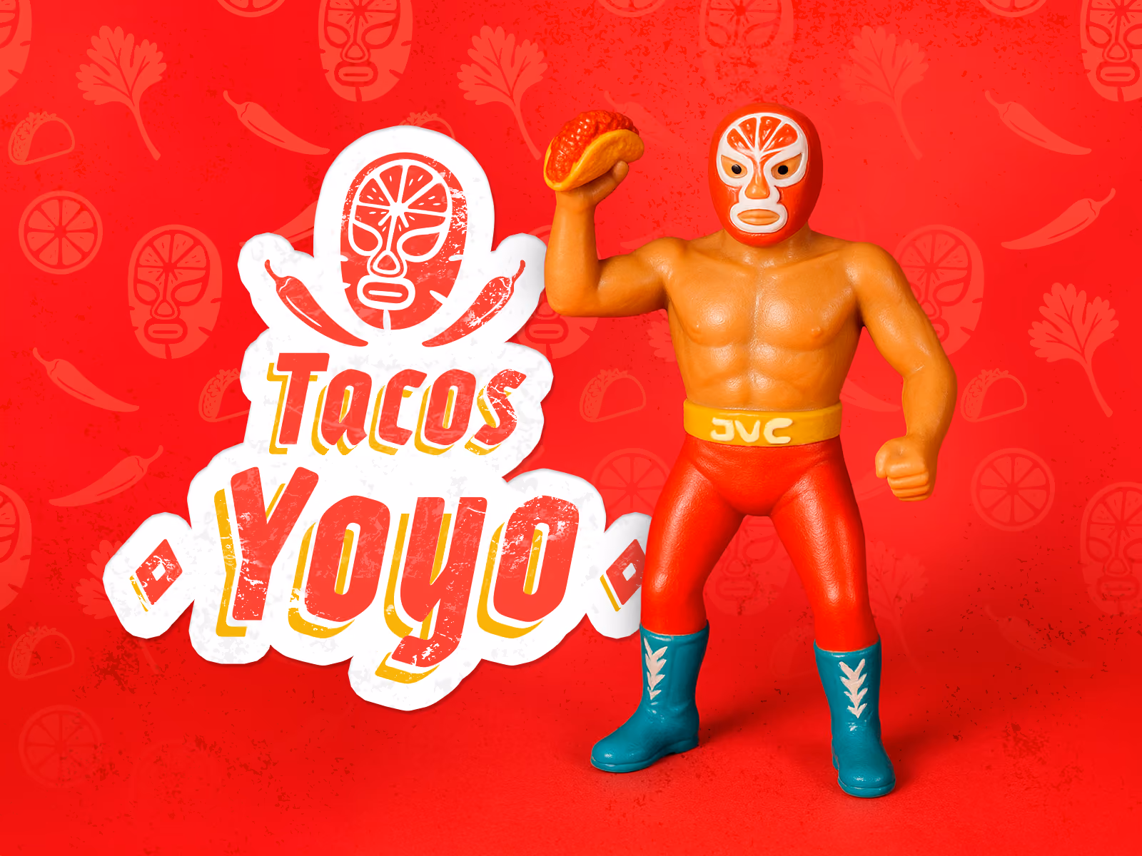 Figura de luchador con máscara roja sosteniendo taco con fondo rojo y texto Tacos yoyo.