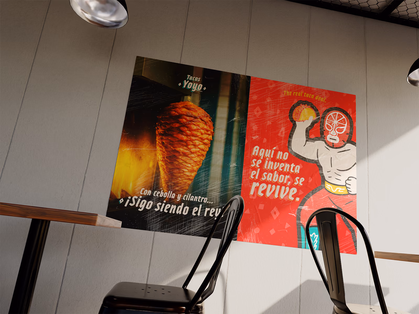 Cartel de tacos al pastor y luchador con texto promocional en pared de restaurante.